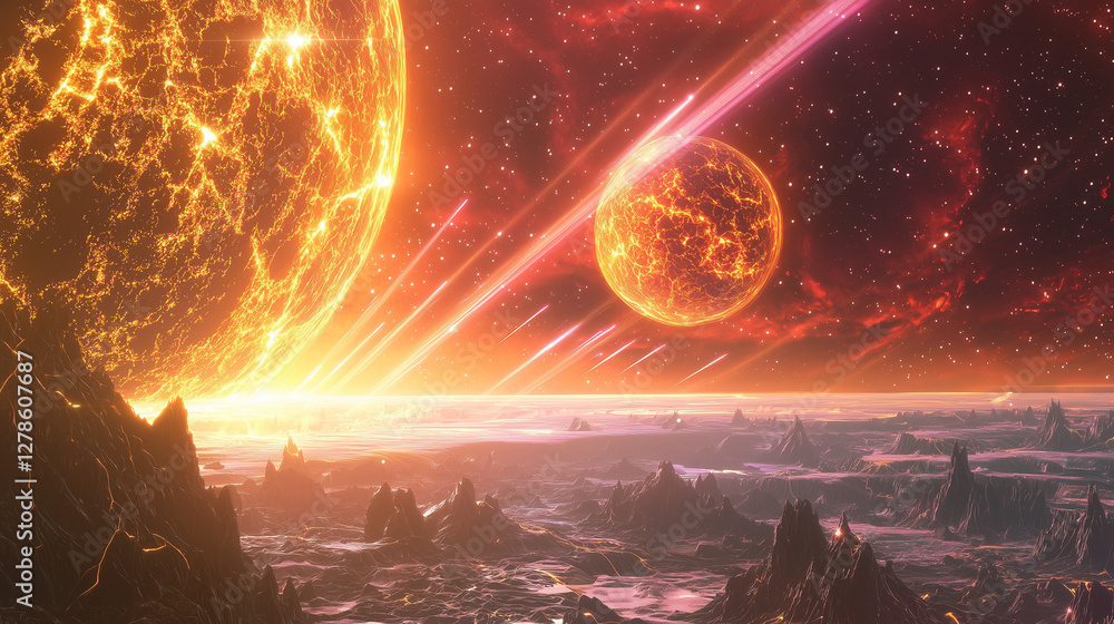 Poster a fiery celestial event unfolds. an exploding star illuminates a ravaged planet with meteors streaki
