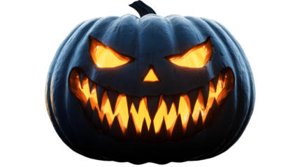 Glowing halloween pumpkin with scary smile carved into it, on transparent background, perfect for spooky designs