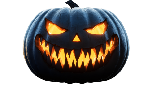 Glowing halloween pumpkin with scary smile carved into it, on transparent background, perfect for spooky designs