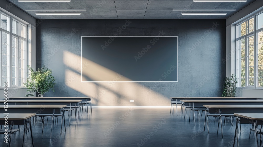 Poster a modern classroom with large windows, sunlight streaming in, and empty desks arranged in a minimali