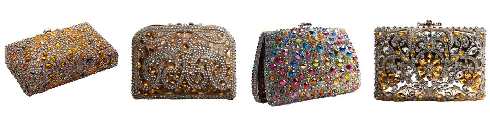 Elegant collection of jeweled clutches showcasing intricate designs in various colors and styles for glamorous occasions