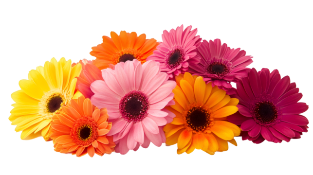 Vibrant gerbera blossoms revealing pink, orange, yellow petals, artfully positioned against transparent backdrop
