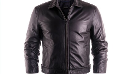 Men's black leather jacket, studio shot, white background, fashion apparel