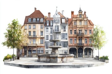 Fototapeta premium European City Square Watercolor Painting Fountain Old Buildings Trees