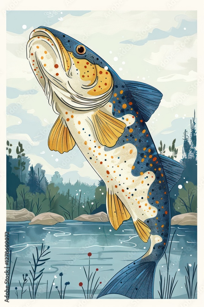 Poster a colorful trout leaps from a serene river surrounded by trees and rocks.