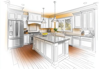 Modern Kitchen Design Remodeling Concept with Island Granite Countertops and Stainless Steel