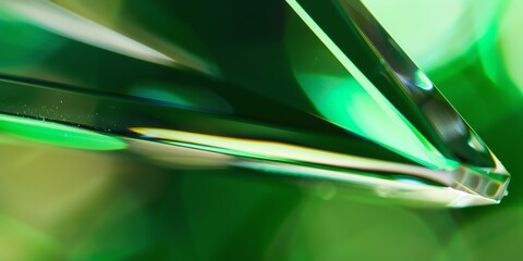 Extreme macro photo of a polished triangle glass partially encasing a clear sphere, with multicolor edges, soft refraction, and a blurred violet-emerald backdrop. Warm, natural tones, depth of field, 