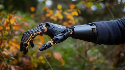 Naklejka premium Cybernetic Hand in Autumnal Setting: A Fusion of Nature and Technology