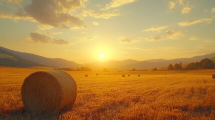 Sunset Hay Bale Field Harvest Mountains