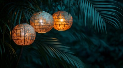 Obraz premium Glowing lanterns illuminating tropical night scene