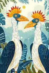 Naklejka premium Two colorful birds with vibrant crowns set against a lush, tropical background.