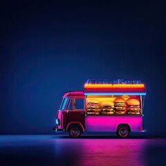 Retro Food Truck with Neon Lights Delicious Burgers Night Scene