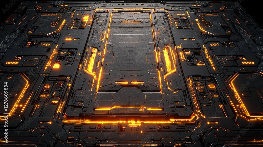 Poster futuristic circuit board with glowing orange patterns and intricate design elements in a high-tech e