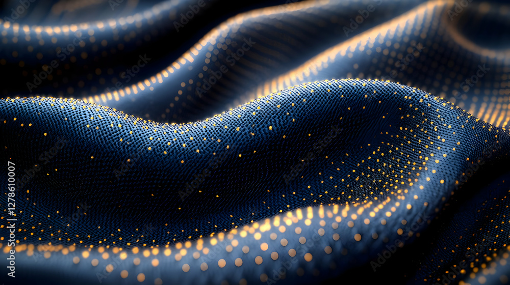 Poster abstract dark blue wavy grid surface with golden dots in a three dimensional design
