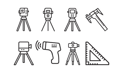 Collection of Surveying, Measurement, and Temperature Tools, laser level, gps, theodolite, icons, vector illustration