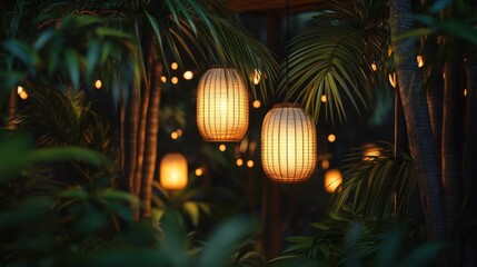 Obraz premium Illuminated Tropical Garden at Night with Bamboo Lanterns