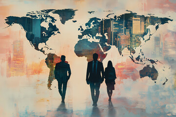 Global Business Leaders: A dynamic image depicting a trio of business professionals, silhouetted against a backdrop of a world map, symbolizes global reach and international business. 