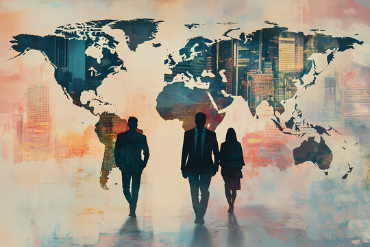 Global Business Leaders: A dynamic image depicting a trio of business professionals, silhouetted against a backdrop of a world map, symbolizes global reach and international business. 