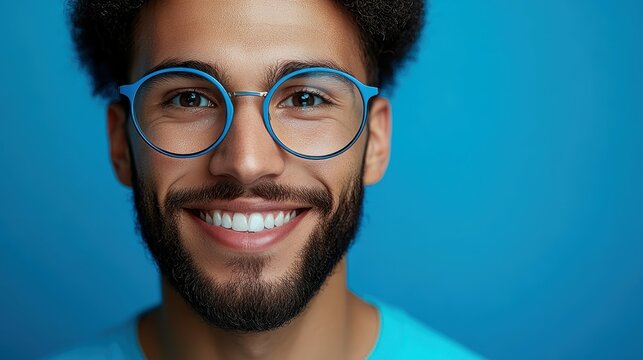 A young man with curly hair and glasses is smiling joyfully, showcasing a bright and engaging demeanor against a bold blue background while wearing a casual t-shirt