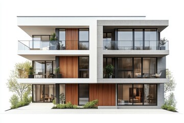 Modern Contemporary Apartment Building Exterior Architectural Design with Balconies and Wooden
