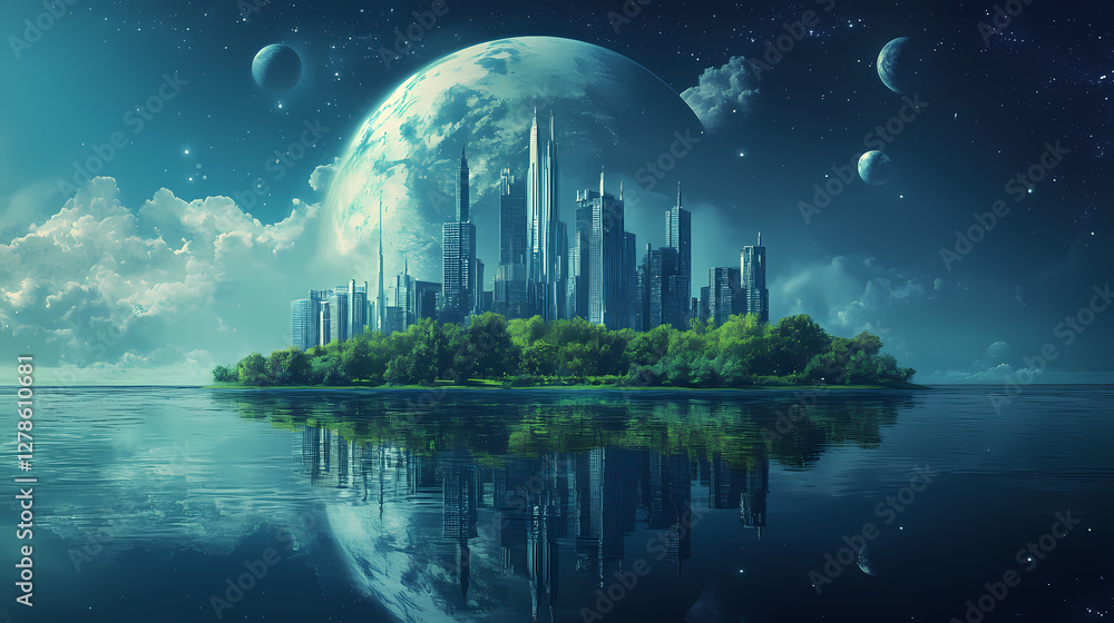 Poster celestial cityscape: a futuristic metropolis rises from a tranquil island, bathed in the ethereal gl