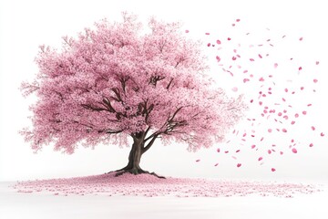 Obraz premium Stunning Pink Cherry Blossom Tree with Falling Petals Spring Nature Scene White Background