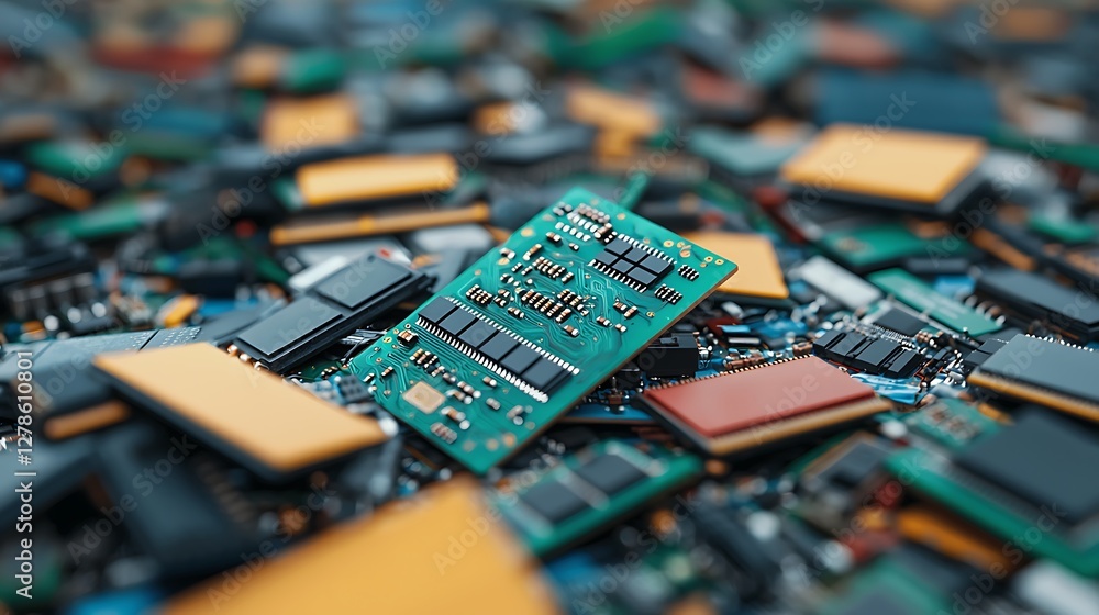 Poster a close-up view of an assortment of circuit boards and computer chips, showcasing their intricate de