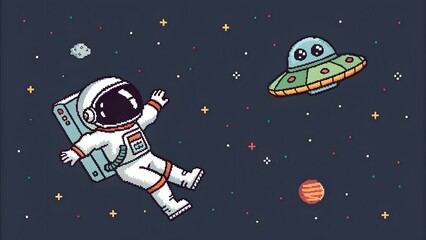 Fototapeta premium Pixel astronaut floating space with a tiny pixe