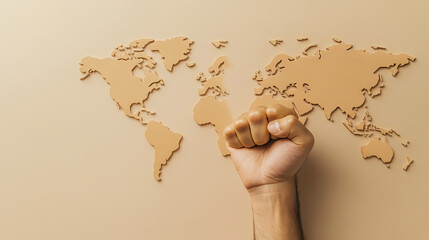 Global Solidarity: A raised fist against a world map evokes themes of unity and interconnectedness, suggesting a call for global cooperation and action