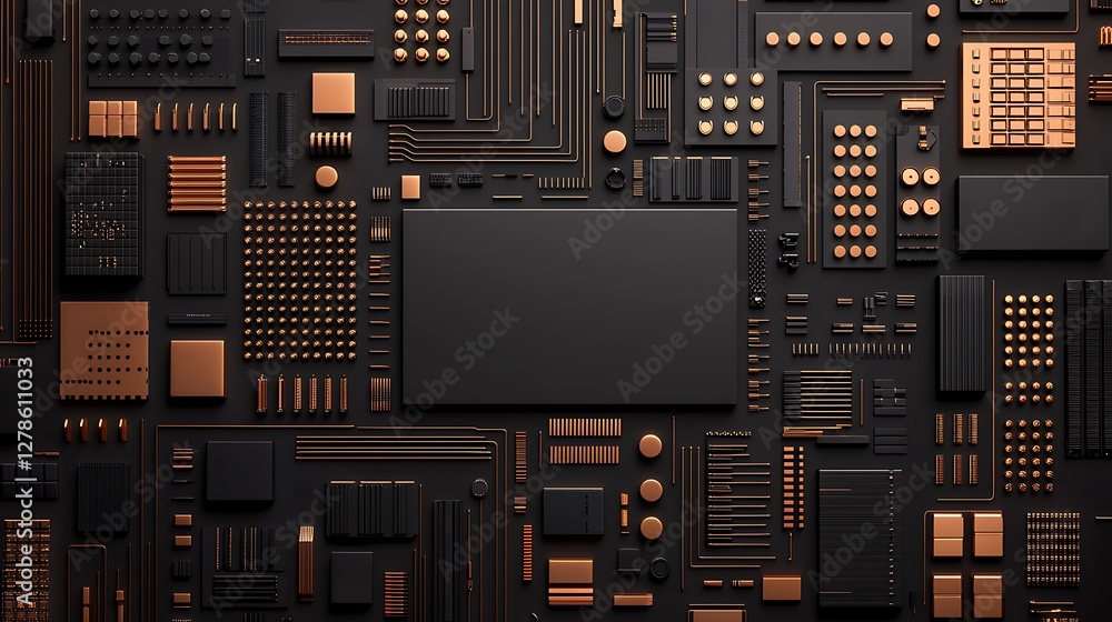 Poster a visually striking arrangement of black and copper elements, featuring geometric patterns and a cen