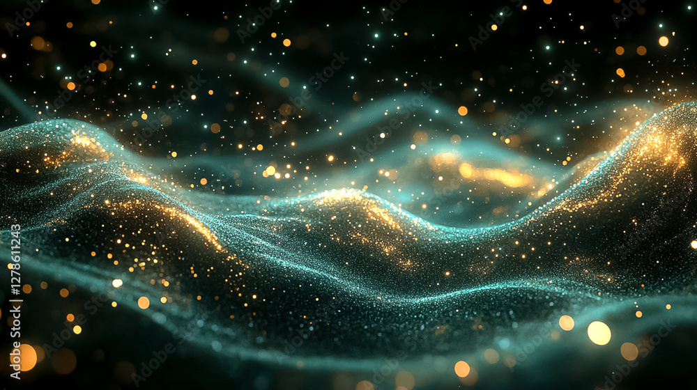 Poster teal and gold particle waves abstract background and keywords for search are