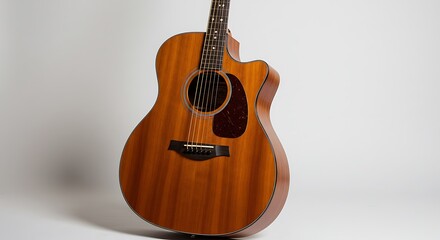 Obraz premium Acoustic Guitar Isolated on White Background Brown Wood Grain Finish