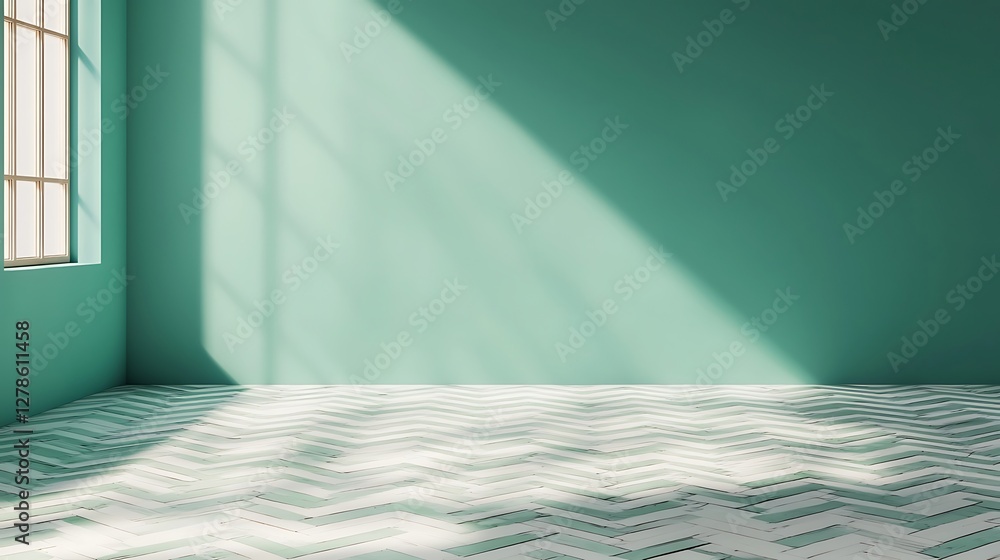 Poster a bright, minimalistic room with a teal wall, sunlight casting shadows on a patterned floor, creatin