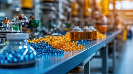 Colorful polymer pieces arranged on a production line in a modern petrochemical plant emphasizing manufacturing and processing efficiency