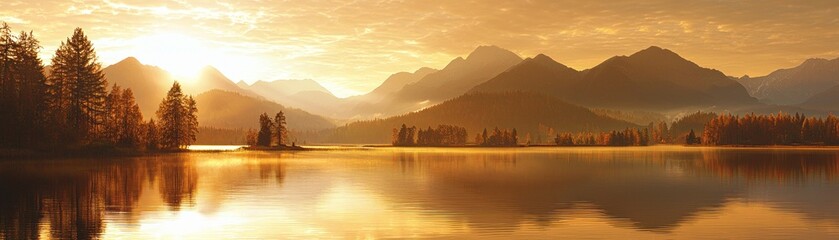 Fototapeta premium Golden sunrise over tranquil lake and mountains. Peaceful landscape