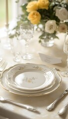 Elegant table setting with floral plates and crystal glassware