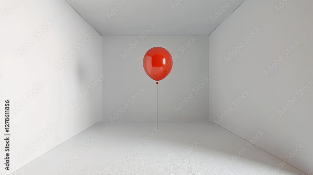 Poster red balloon floats in an empty white room creating an intriguing visual contrast and sense of isolat