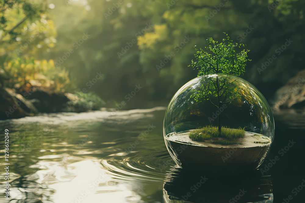 Poster life in a bubble: a captivating image showcases a flourishing tree encased in a transparent sphere, 