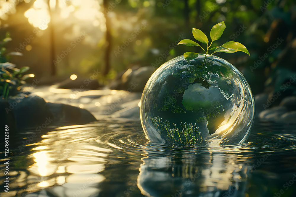 Poster global harmony: a symbolic image of the globe encapsulated within a pristine water bubble, sprouting