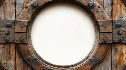 circular wooden porthole with a weathered frame featuring metal bolts and rusted elements creating a vintage rustic appearance  
