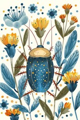 A vibrant illustration of a beetle surrounded by colorful flowers and foliage.