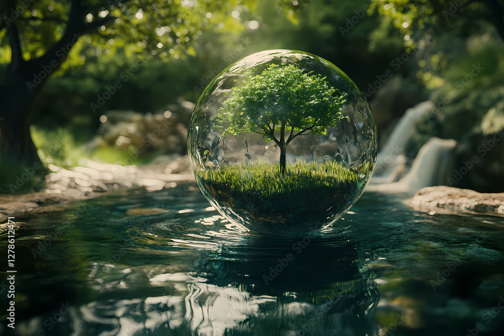 Poster a world within a bubble: a single tree, encapsulated in a shimmering sphere, floats serenely above a