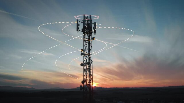 Telecommunication tower at sunset transmitting hundreds of wireless signals through the air, symbolizing 5G and 6G network technology, internet connectivity, and high-speed data transfer