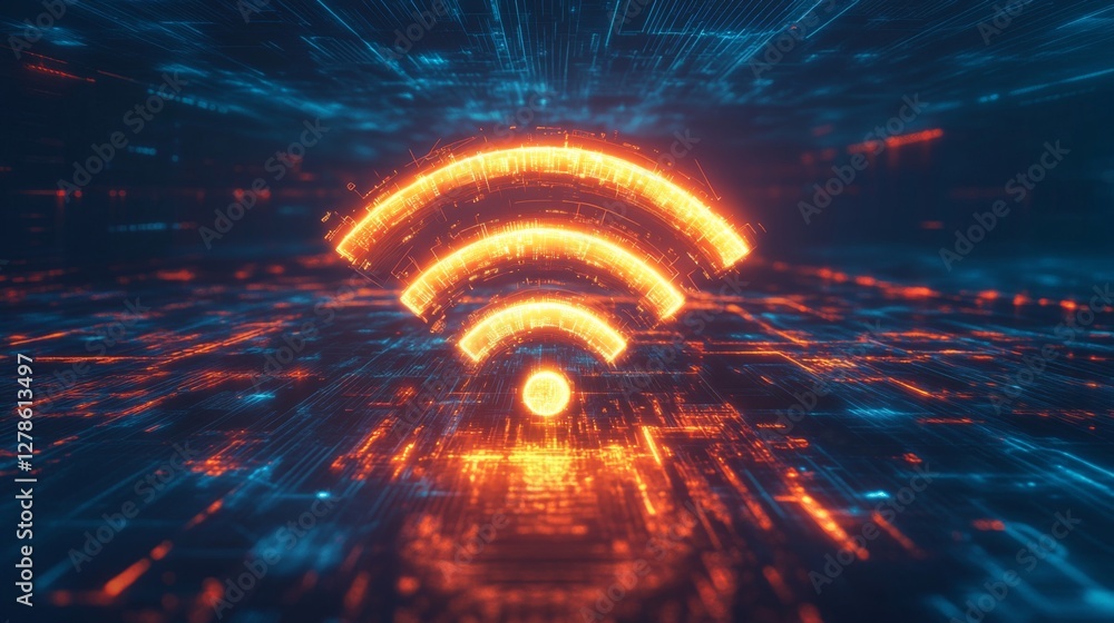Poster an artistic representation of a wi-fi symbol composed of digital elements and glowing lines, set aga