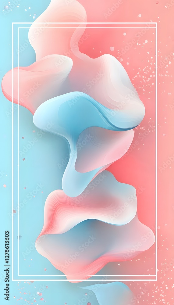 Poster abstract illustration features three dimensional flowing shapes with soft colors