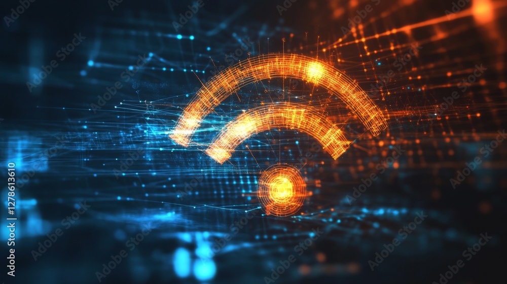 Poster an artistic representation of a wi-fi symbol composed of digital elements and glowing lines, set aga
