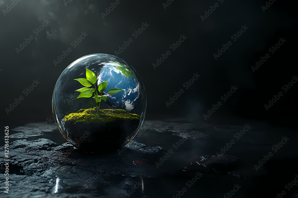 Aufkleber hope in a bubble: a luminous image shows a fragile planet earth encapsulated within a protective gla