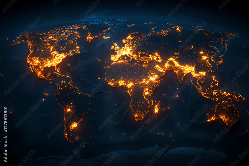 Poster global illumination: an illuminated world map showcases the interconnectedness of global cities and 
