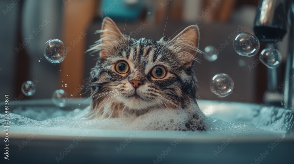 Poster an artistic shot of a fluffy cat with its fur slicked back, sitting in a sink full of warm water, wi