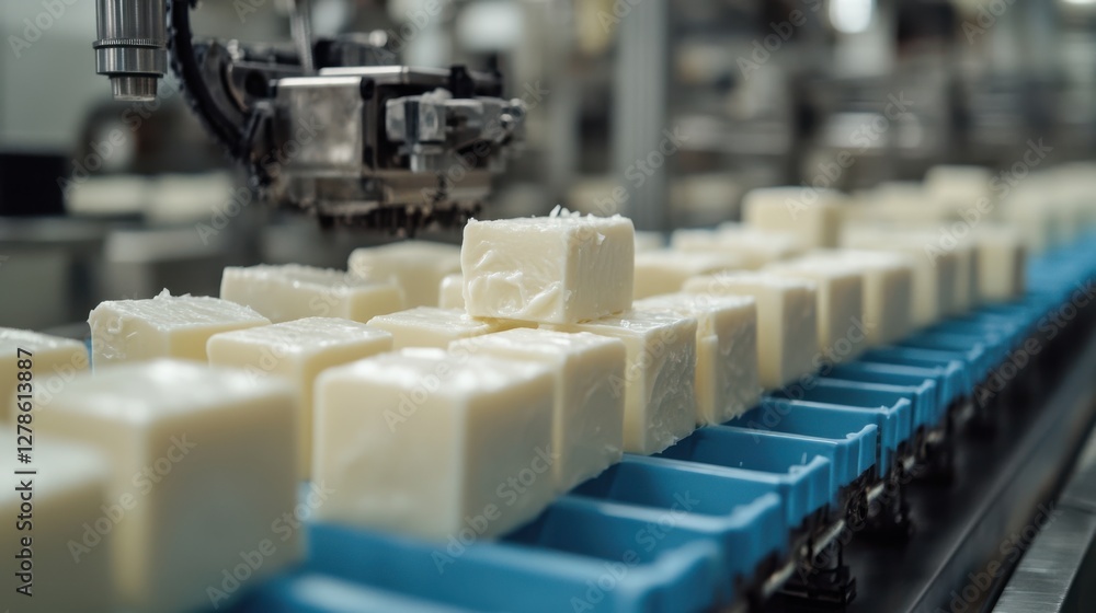 Poster a production line features white blocks being moved by machinery, highlighting automation in manufac
